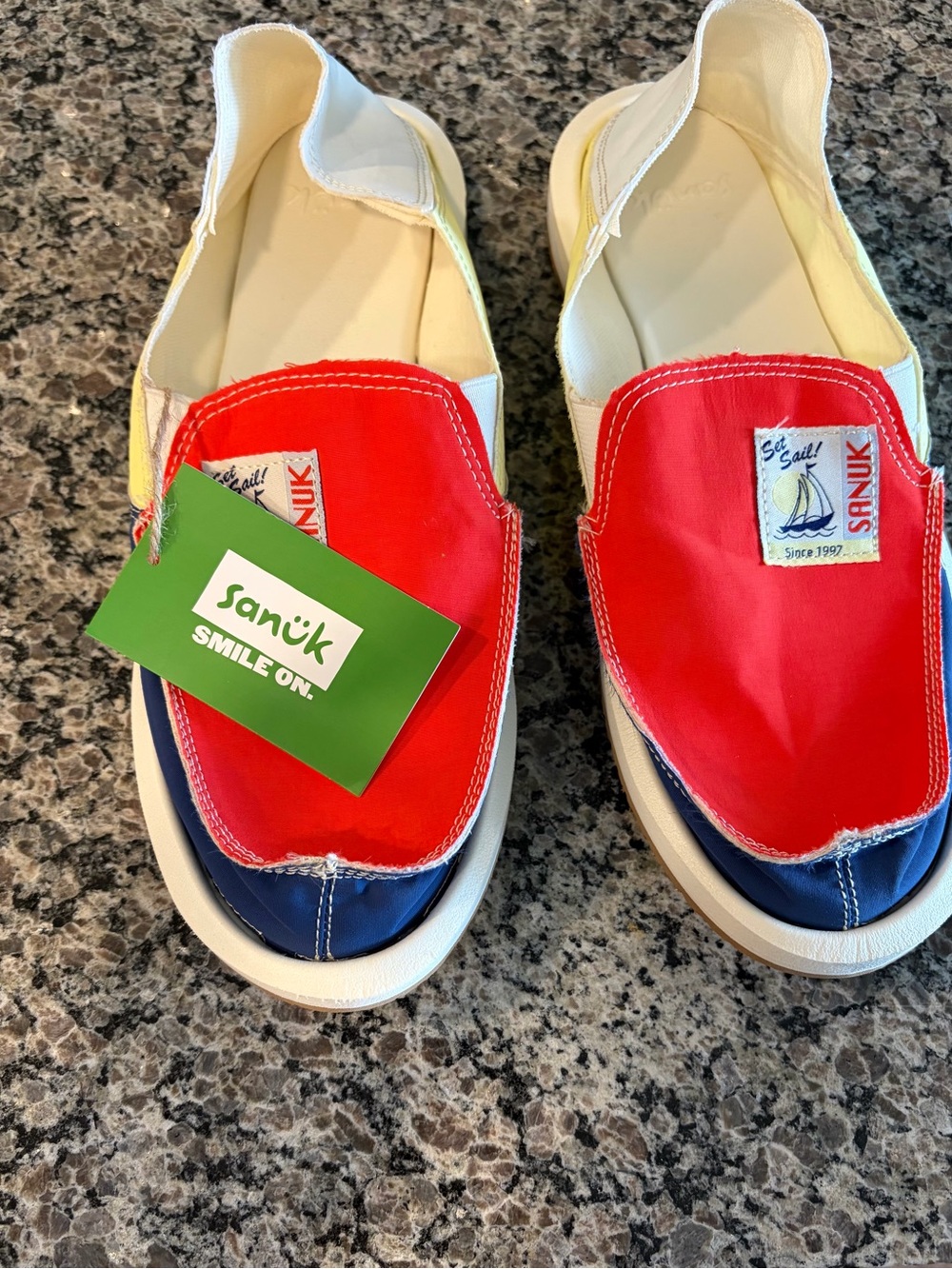Sanuk Kids Slip-On Sneakers in Red, Blue and White